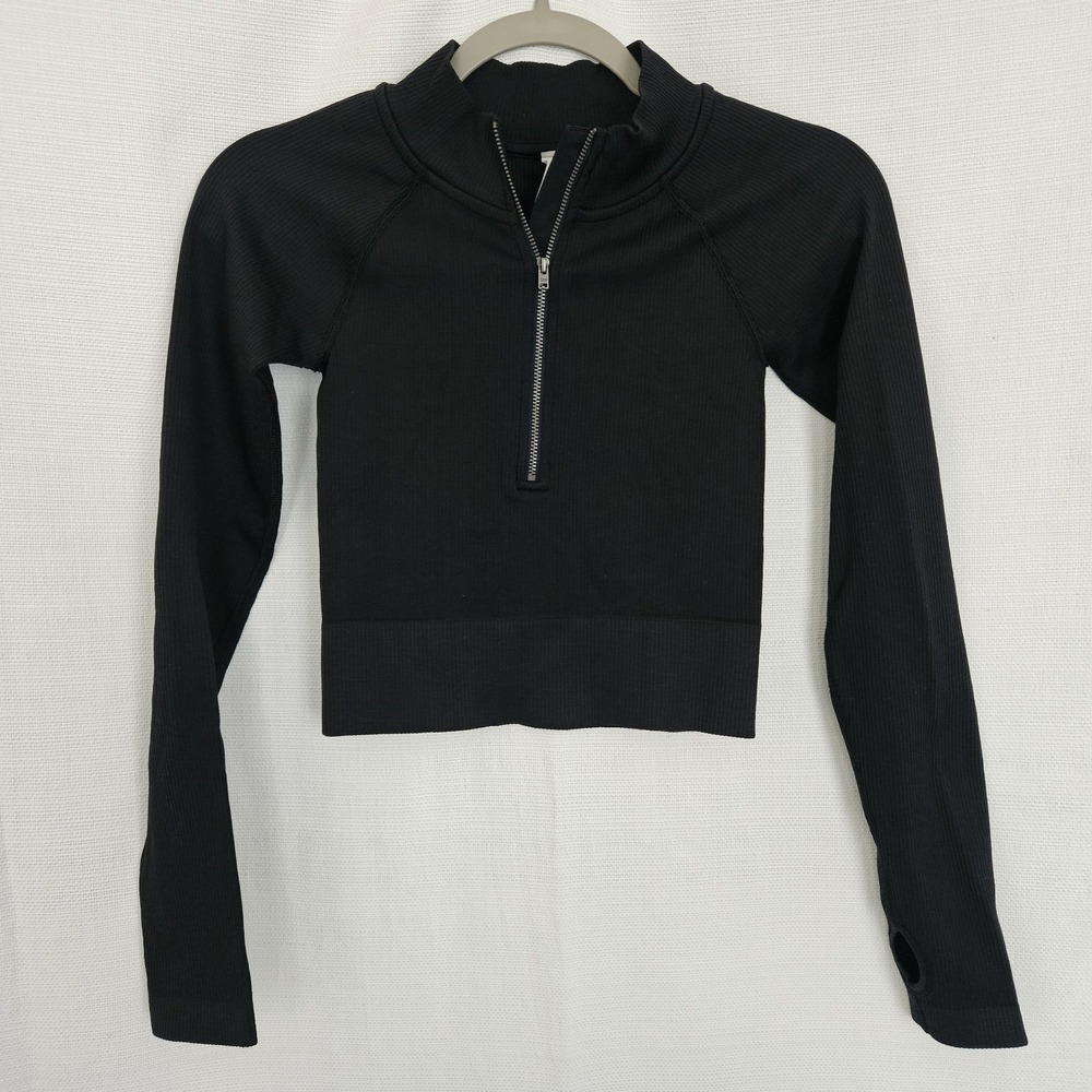 Cropped Pullover Women Half Zip Active Top Thumbhole Yoga Gym